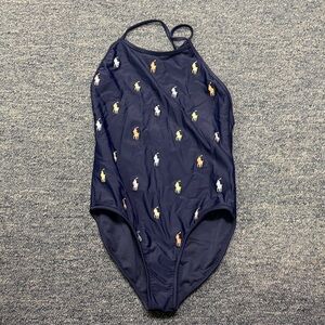 Ralph Lauren youth Navy One-Piece Swimsuit with Multicolor Pony Logos